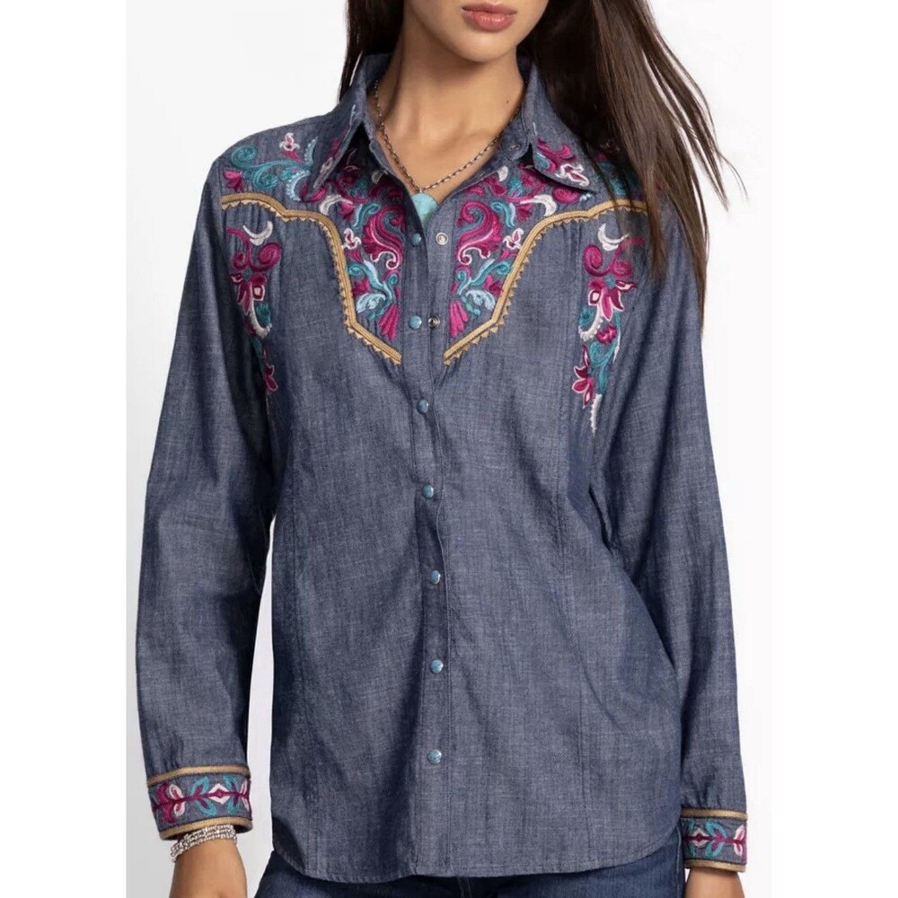 Johnny Was Multicolored Western Wear Denim Blouse Shirt Embroidered Sz XL